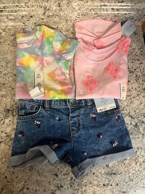 Girls' Tie-Dye & Pink Floral Tee Set with Embroidered Denim Shorts
